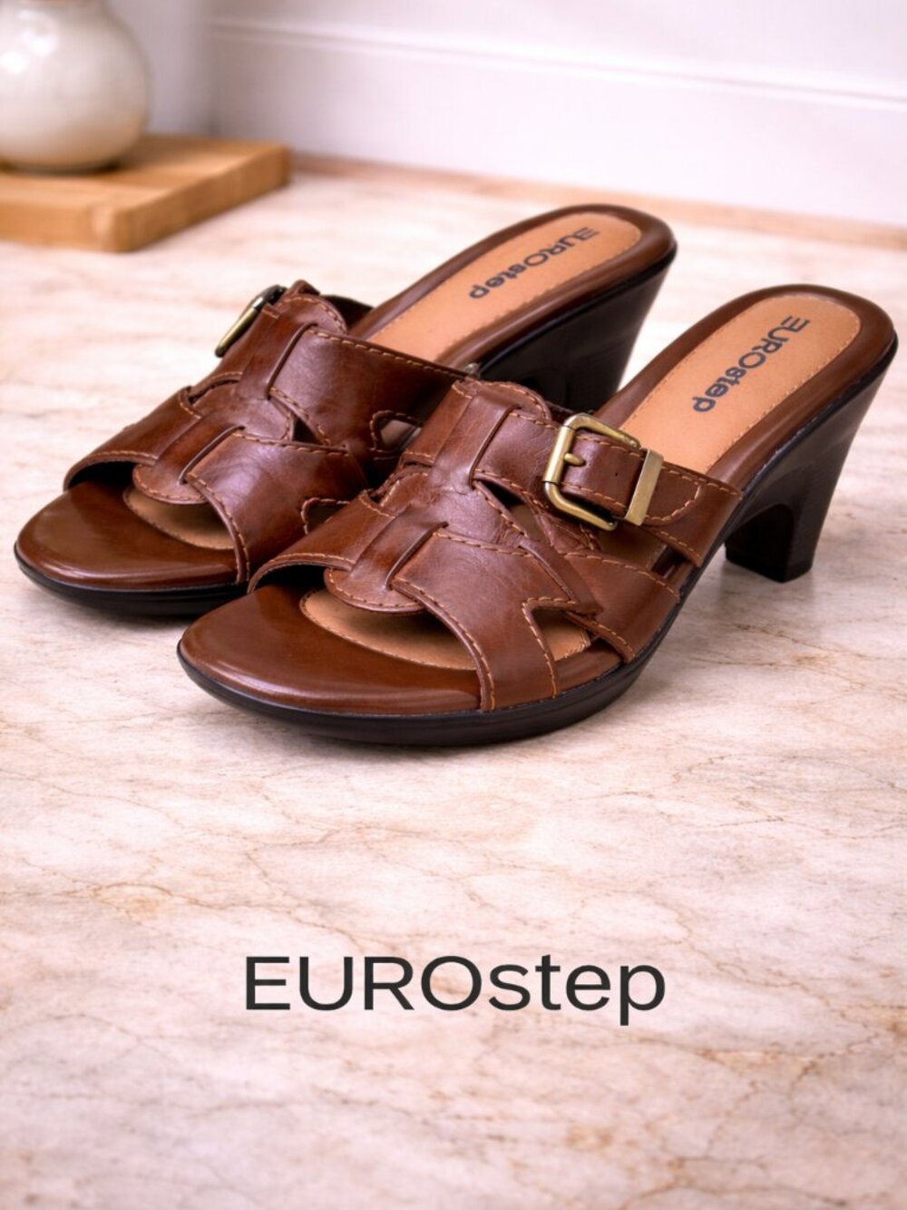 Eurostep Brown Leather Slip-On Sandals Size 8 Open Toe Buckle Casual Comfrot